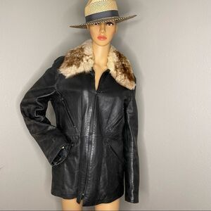 Siegfried Of Barcelona Leather Jacket Black With Cream / Tan Faux Fur Trim Sz 38